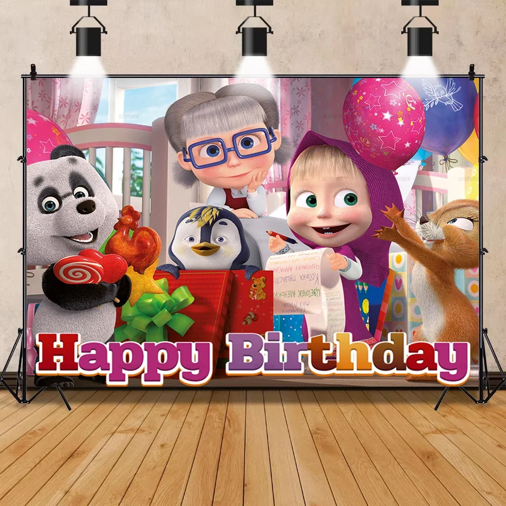 

Cartoon Mash-a-s And Bear Backdrop Princess Children's Birthday Party Decoration Supplies Baby Decor Background Custom Poster