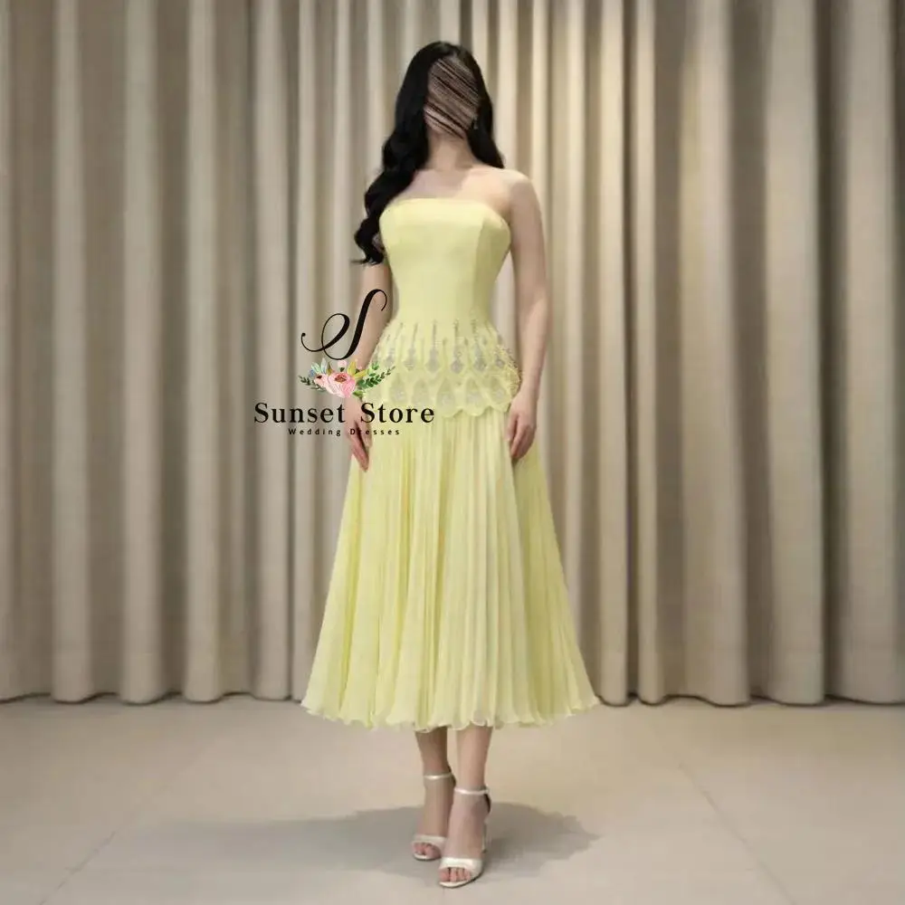Customized Bead Embellished Pleat Prom Dress Strapless Tea Length Wedding Guest Gown with Scarf A Line Yellow robes de soirée