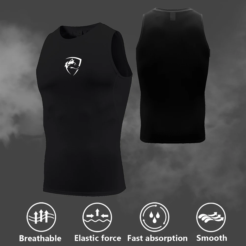 Herren Kompressions-T-Shirt mit Wolfsdruck, Sommerliches Ärmelloses Fitness-Trainingsshirt, Schnelltrocknendes Basic-Unterhemd