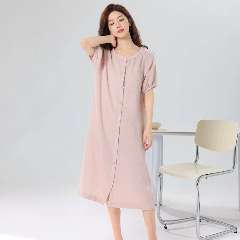 Summer Long Summer Women's Short-sleeved Pajamas Pajama Cardigan And Round Neck Simple Solid Color Sleeping Dress