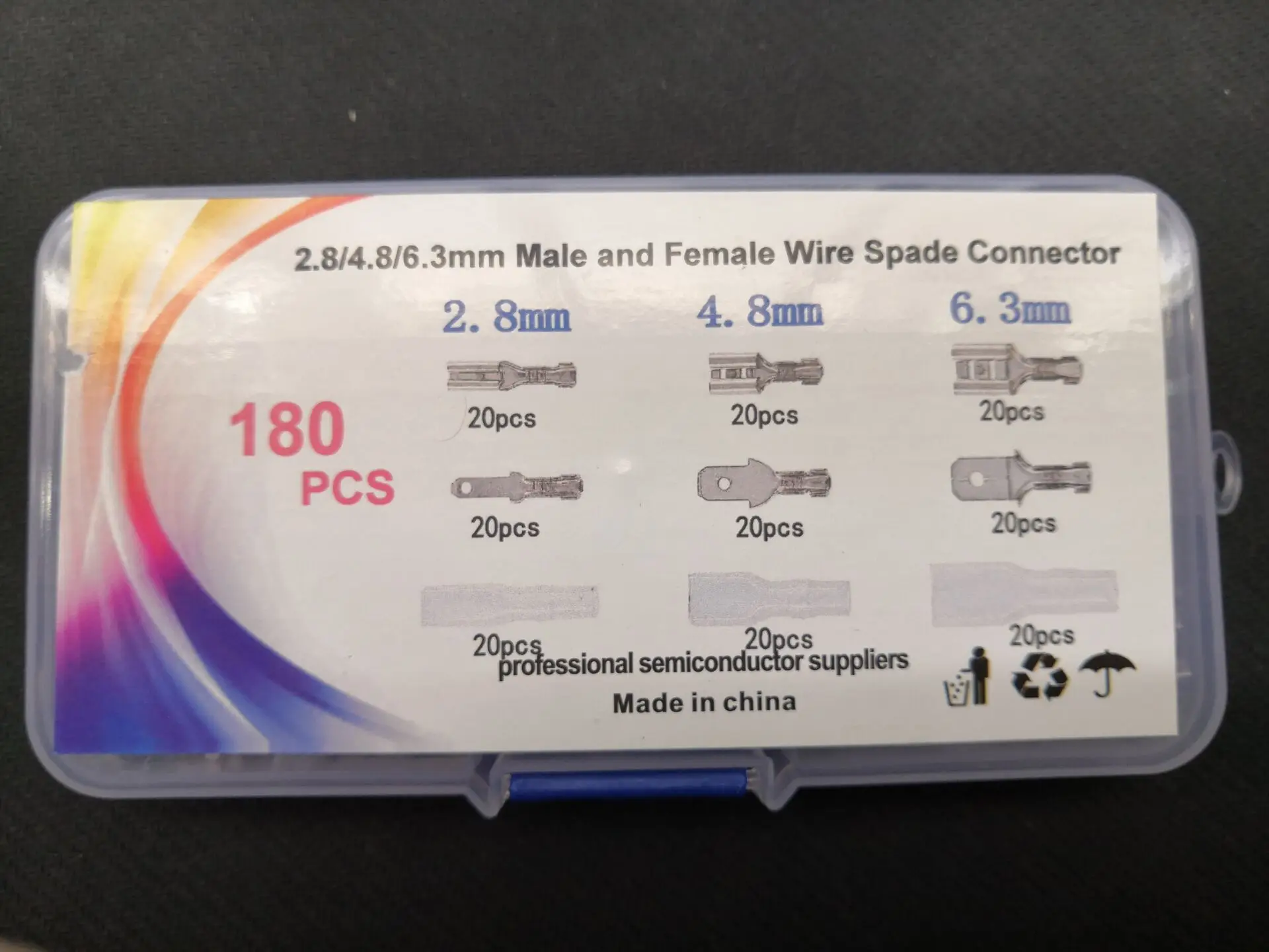 1box Terminals Spade Sleeve For Wire 0.5mm2-1.5mm2 22-16 AWG Wrap Connector Box Kit 180pcs 2.8/4.8/6.3mm Male & Female Crimp