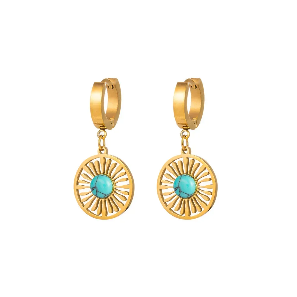 Trendy Stainless Steel Gold Color Round Geometric Drop Stylish Earrings for Women Statement Charms Turquoise Basic Jewelry