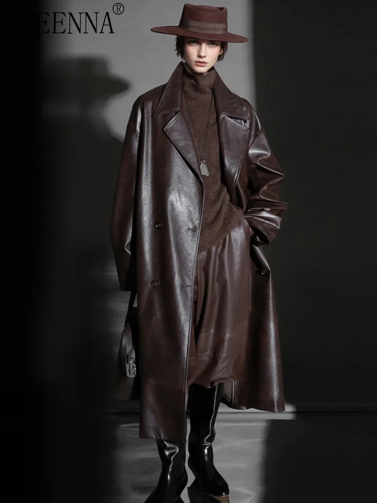 

ZMEENNA Women's Oversized Faux Leather Trench Coat Double Breasted Long Winter Jacket With Classic Lapel Collar ZM4004