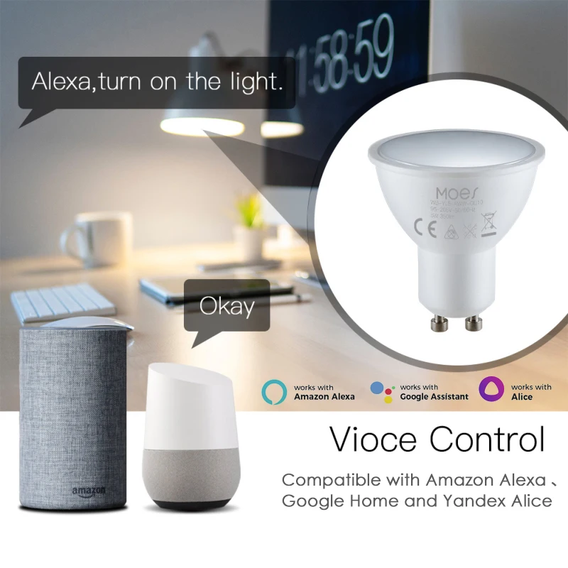 Tuya WiFi Smart LED Ampoules, Lampes à intensité variable, Smart Life via App, Télécommande, nous-mêmes avec voix, Alexa, Google Home, GU10, RGBW C + W, 5W