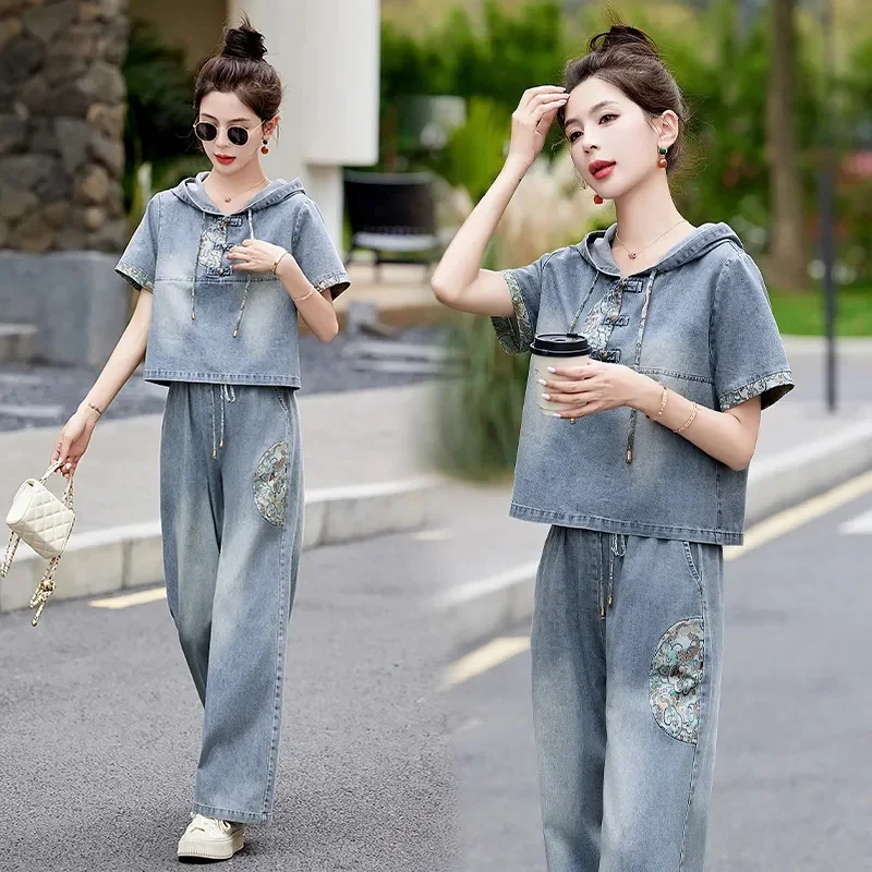 Denim Suit Women's Summer New Chinese National Style Leisure Embroidery Short-Sleeved Hooded Jacket+Wide-Leg Pants Denim 2PCS