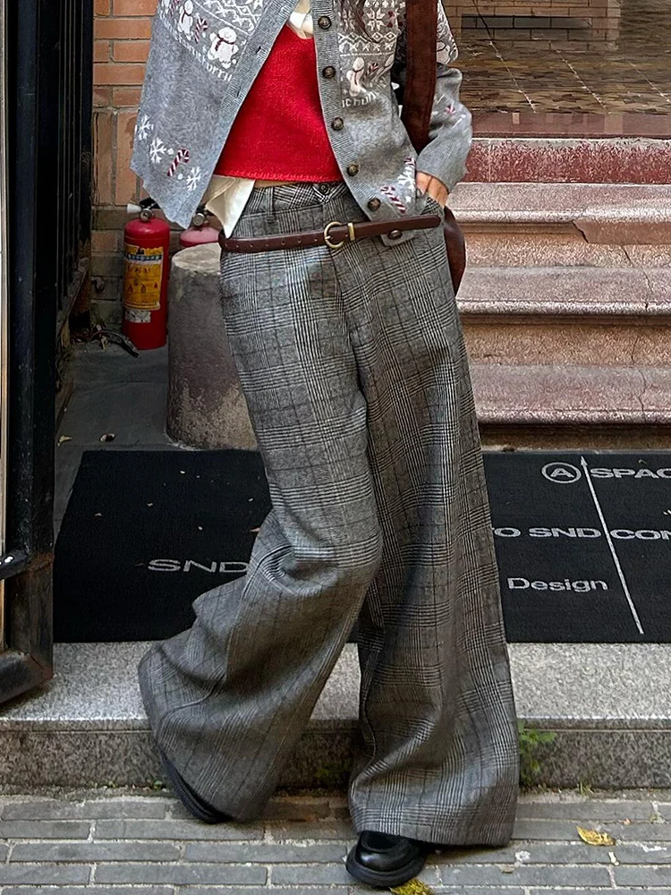 PBAP 市松女性ツイードワイドレッグパンツハイライズドレープベルボトムカジュアルルーズチェック柄スーツズボンラウンジレトロストリート