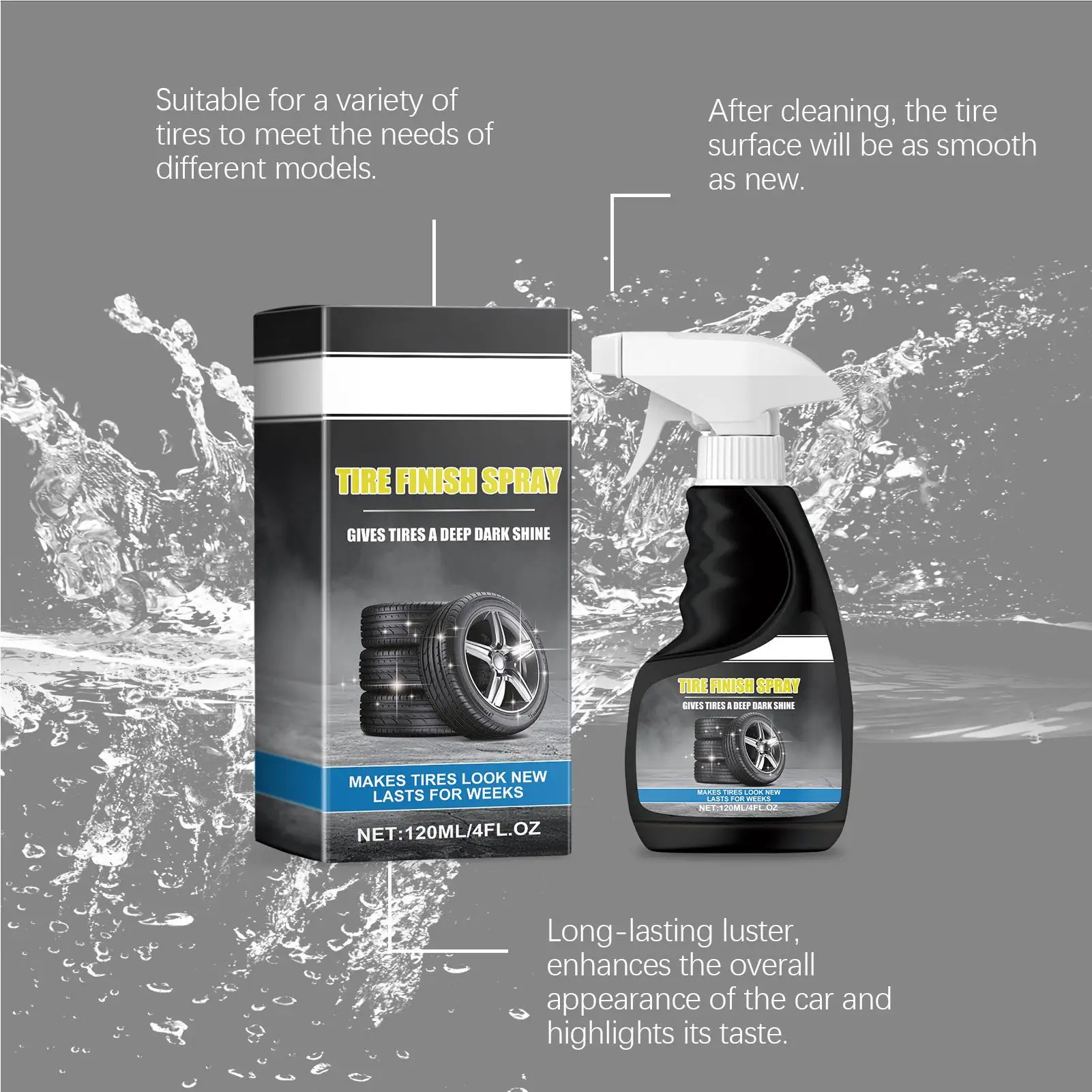 

Спрей для блеска автомобильных шин, 4 жидких унции, мгновенная повязка, нежирный блеск колес для автомобильных шин, для автомобильных грузовиков, мотоциклов, внедорожников, последний