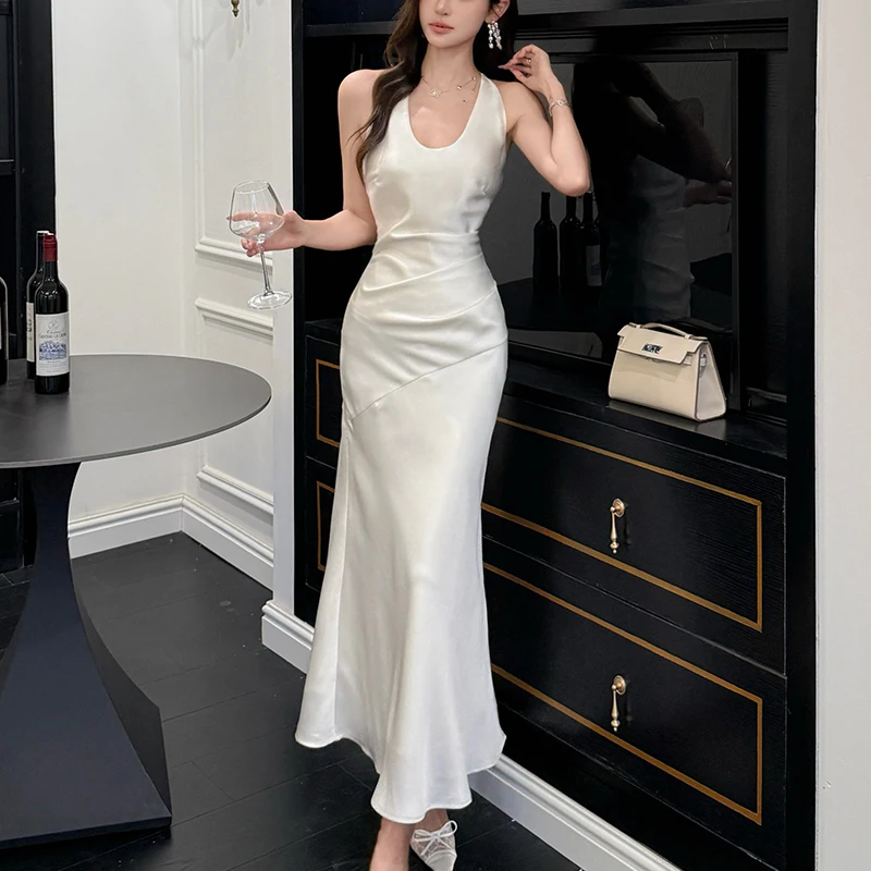 Fashionme feminino halter midi vestidos de cetim com gravata frontal sem costas dividida vestido de cetim oco