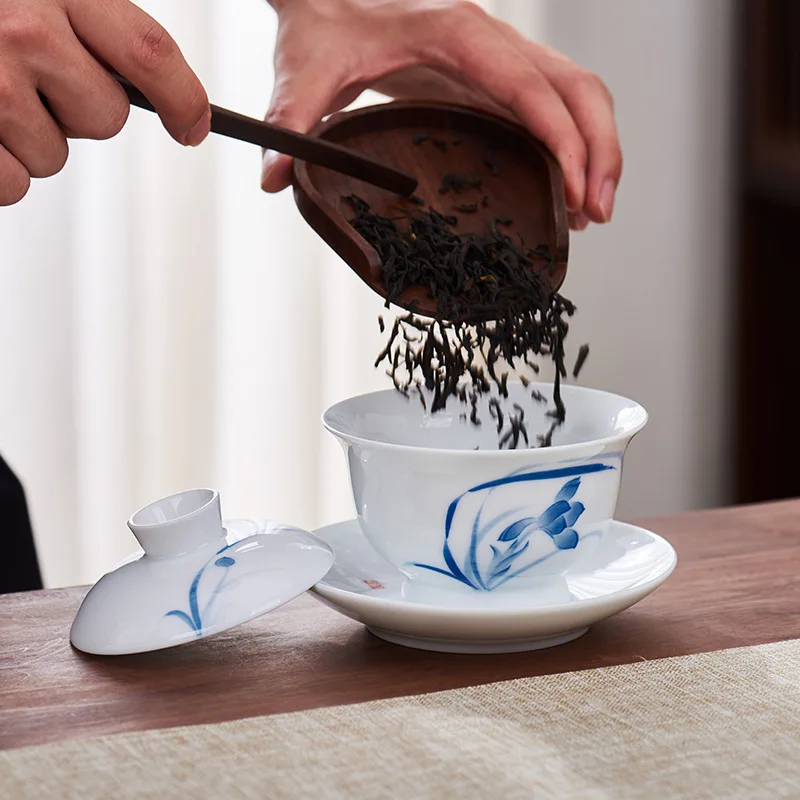 White Porcelain Sancai Gaiwan Tea Cup Hand Drawn Kung Fu Teaware Single Brewing Bowl Large High-End Ceremony Drinking