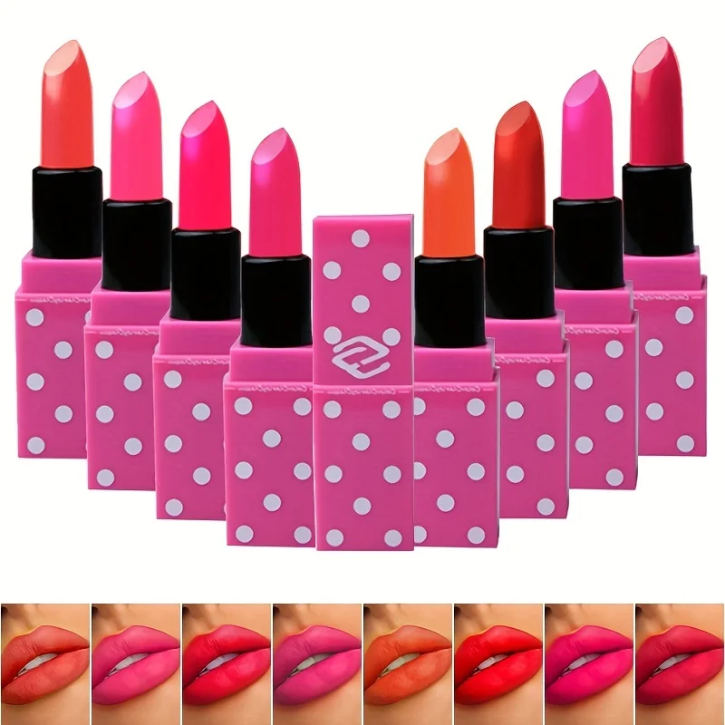 8 Colors Super Cute Girls Lipstick, Pink Polka Dots Design Long Lasting Non-fading Waterproof Velvet Lip Color, Non-Stick Cup