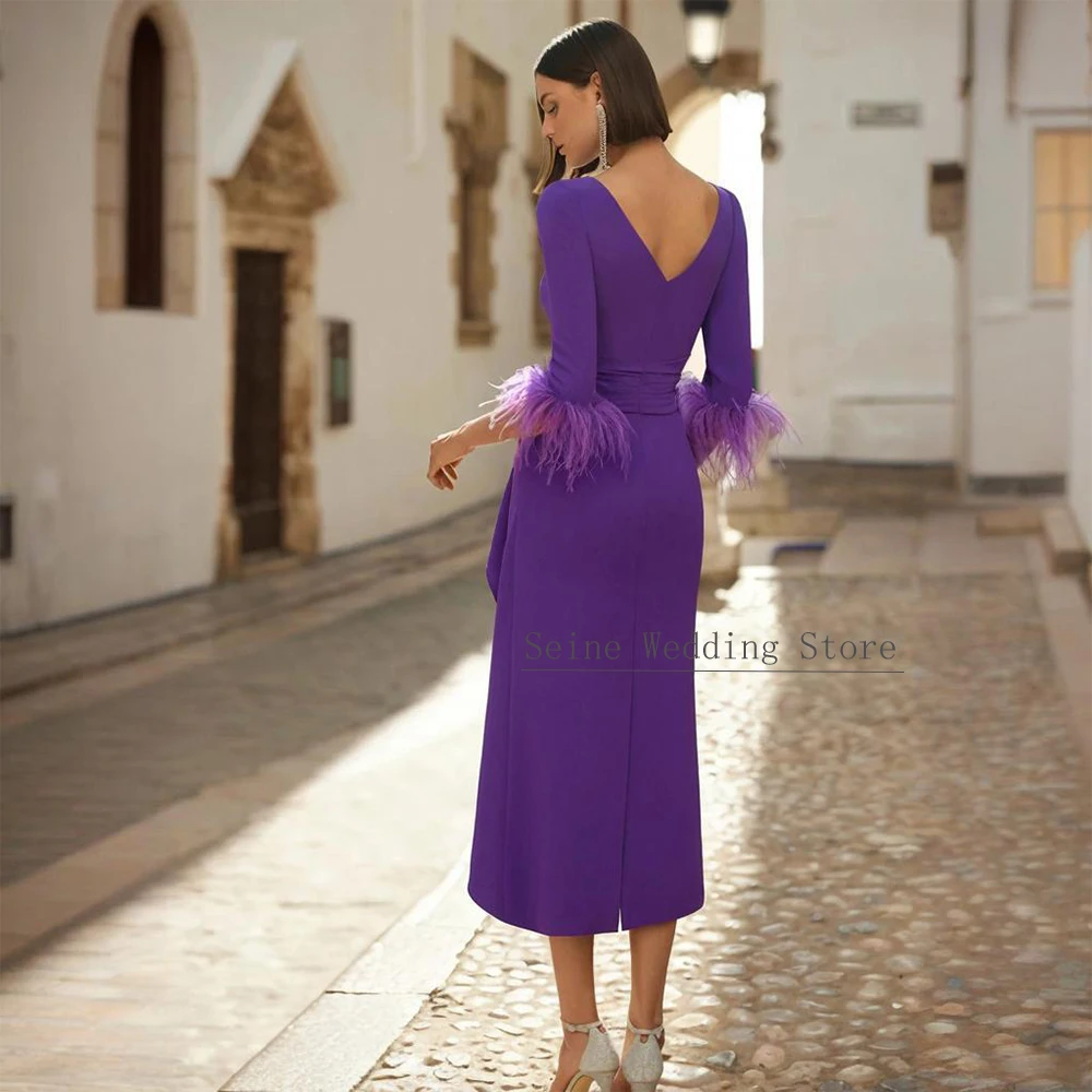 Customized Wedding Guest Dress Purple Feather 3/4 Sleeves Ruffle Column Mother of the Bride Dress Midi Scoop Cocktail Party Gown