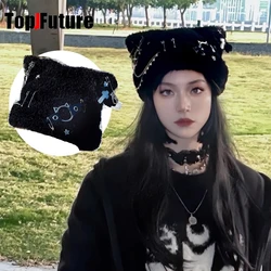 Harajuku Gothic Lolita Cat Ear Hat Women Punk Cross Chain Subculture Spice Girl Beanie Hat Y2K Girls Star Chain Knitted Ear hat