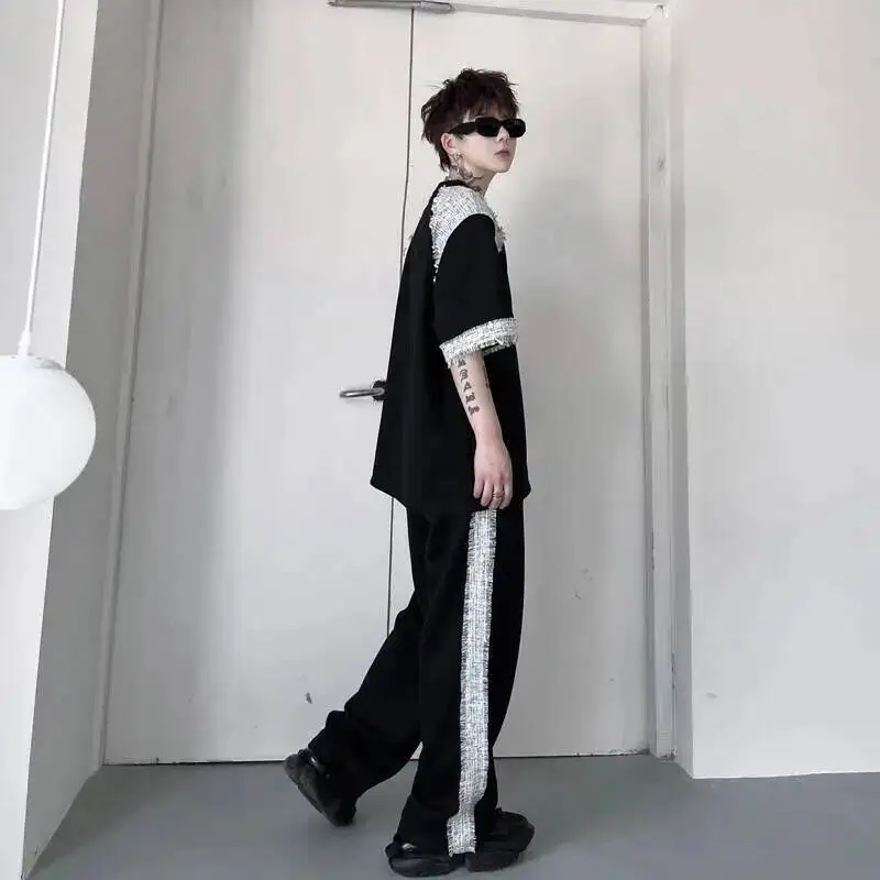 Summer Two Men's Pieces Set Tweed Patchwork Design Short Sleeve T-Shirt And Loose Wide Leg Long Pants Casual Sets OF7V view 3