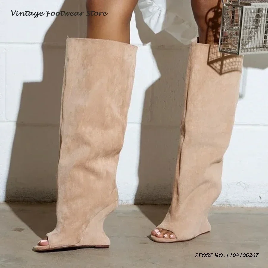 Strange Style High Heel Summer Boots Solid Peep Toe Wedges Knee-High Boots Spring Concise Fashion Design Slip-on Plus SIze Boots