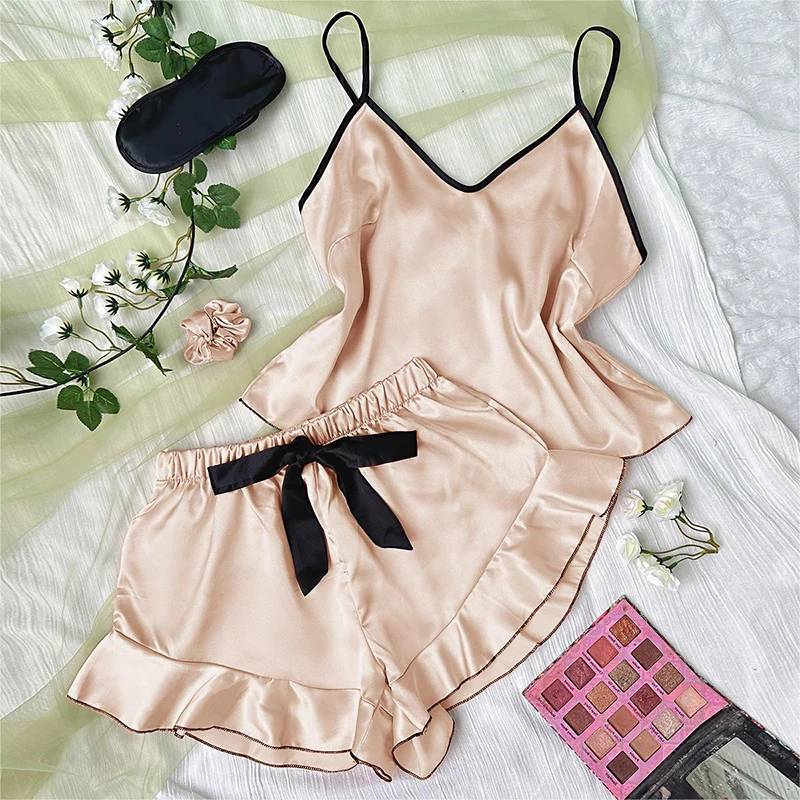 Fashion Home Casual Sexy Bow Satin Camisole Shorts Pajamas Set Women