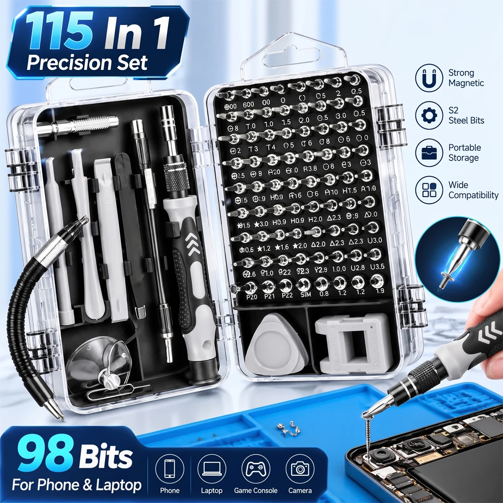 Precision Screwdriver Set 115 In 1 Repair Kit Magnetic 98 Bits Flexible Shaft Box for Phone Laptop PC Watch Glasses Game Console