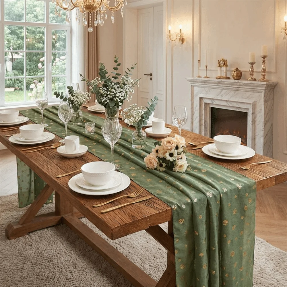 Creative Light Luxury Rose Gauze Tablecloth Soft Stain Resistant Gold Stamped Table Runner Exquisite Table Flag Wedding