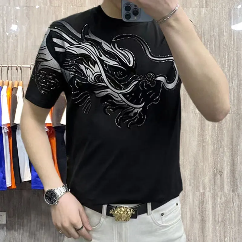 Luxury Men\'s Premium Comfortable Short Sleeve T-shirt 2023 Summer New Round Neck Hot Diamond Popular Versatile Short Sleeve