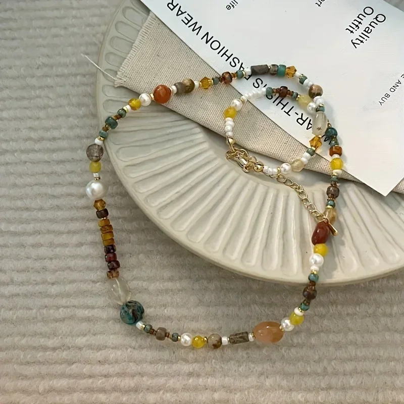

Fashion Colorful Natural Stone Beadeds Chain Pearl Pendant Necklace Niche Design Clavicle Chain Temperament Accessories Jewelry