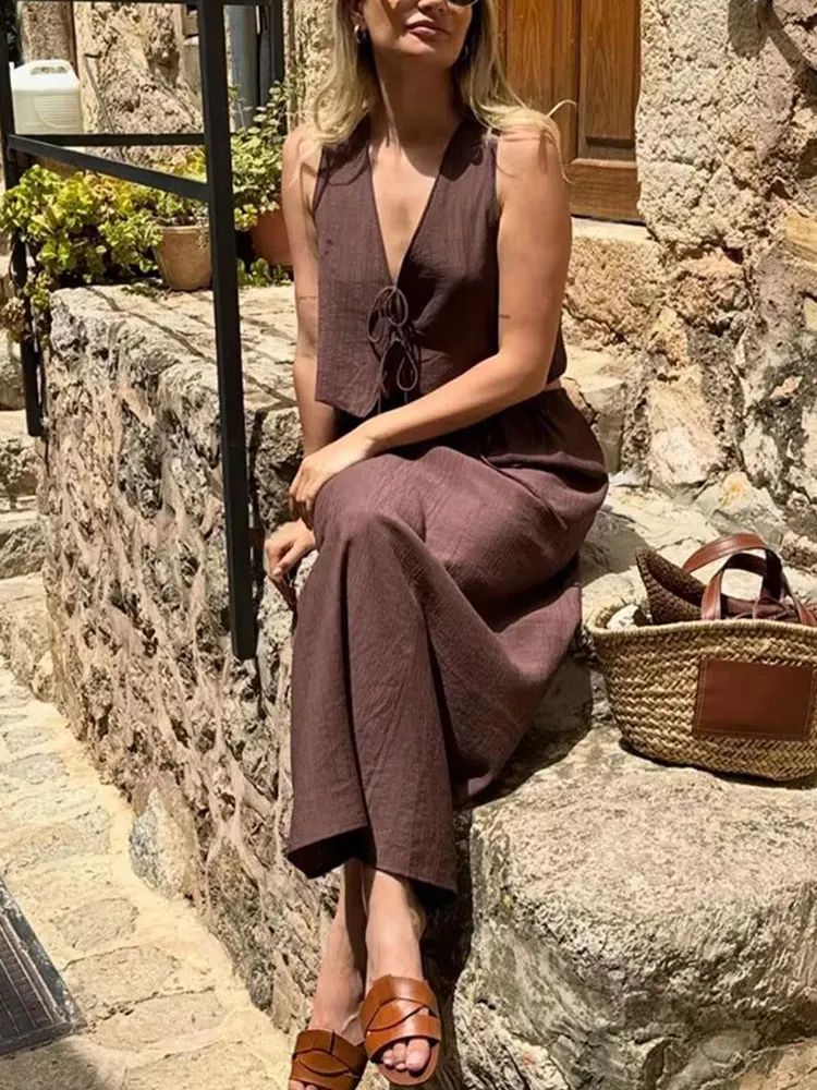 HH Women Fashion Vintage Solid Skirt Suit Bow Lace-up Tank Tops V Neck Cests Drawstring Midi Skirts Casual High Street Sets