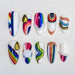 10Pcs Handmade Manicure Medium Almond Fake Nails Cute 3D Ballet Limited Nail File Set Nails Press on Nails Design with Adhesive