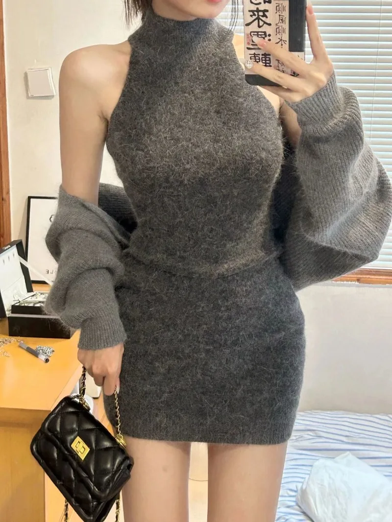 

Осенний элегантный вязаный костюм 2022, женский японский модный комплект из 2 предметов, сексуальное тонкое мини-платье без рукавов + повседневный короткий кардиган, шикарный
