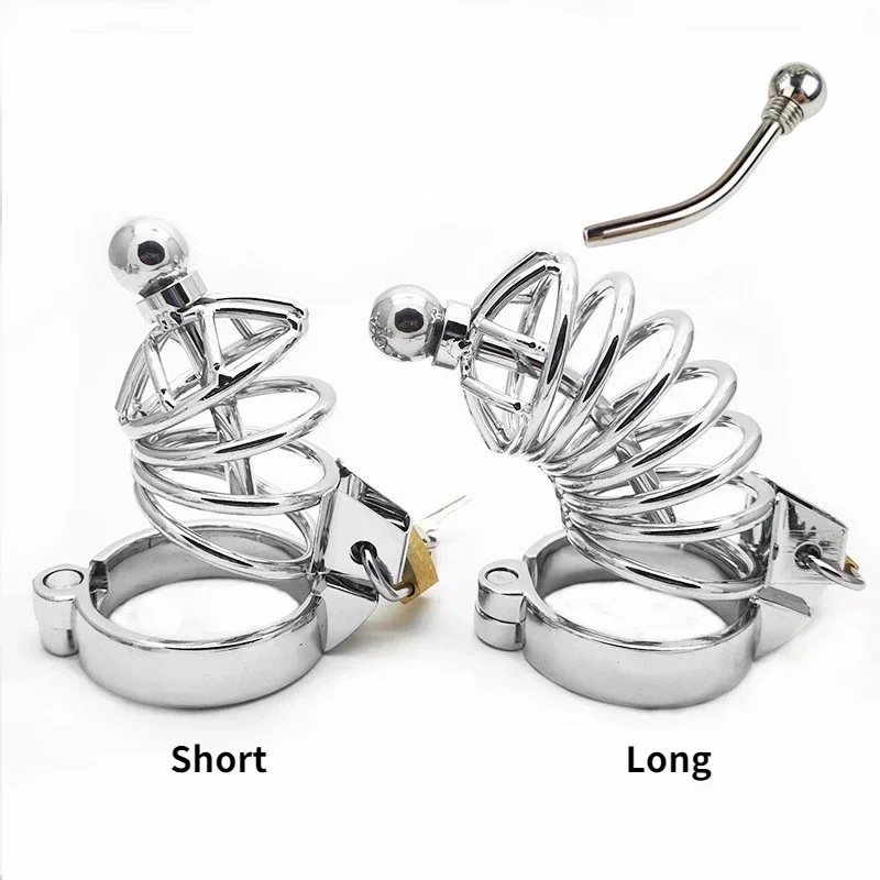 Metal Chastity Cage Sissy 304 Stainless Steel Penis Lock Cock Ring Wiht Urethral Catheter  Bondage Chastity Belt Sex Toy for Men