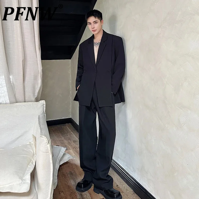 

PFNW Korean Design Men's Set Slit Triple Breasted Solid Color Straight Wide Leg Loose Male Trousers Male Two-piece 2024 9C7239