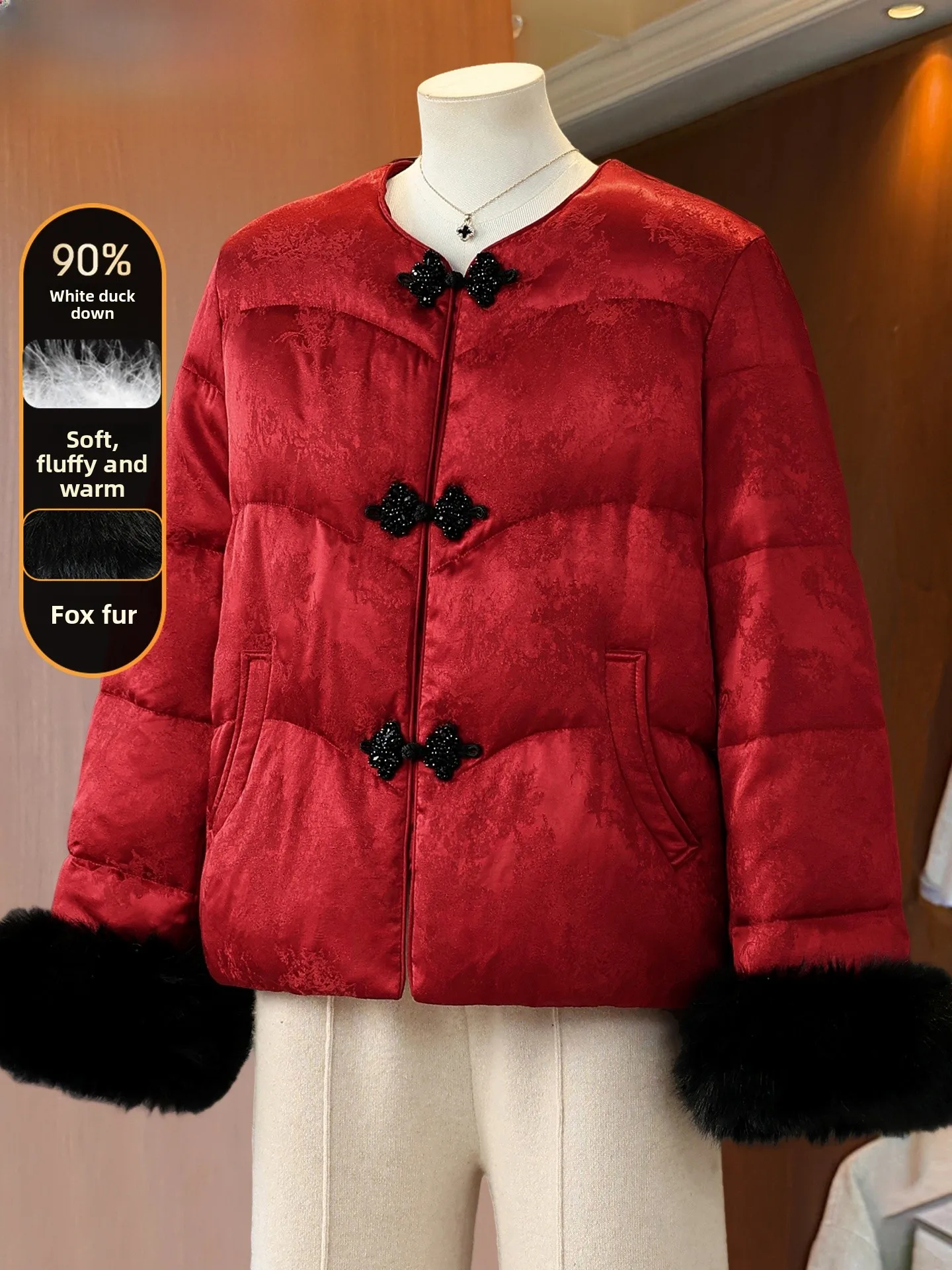 

Модное женское пуховое пальто с мехом и кожаными вставками для женщин среднего возраста, осенне-зимнее, красное, хлопковое