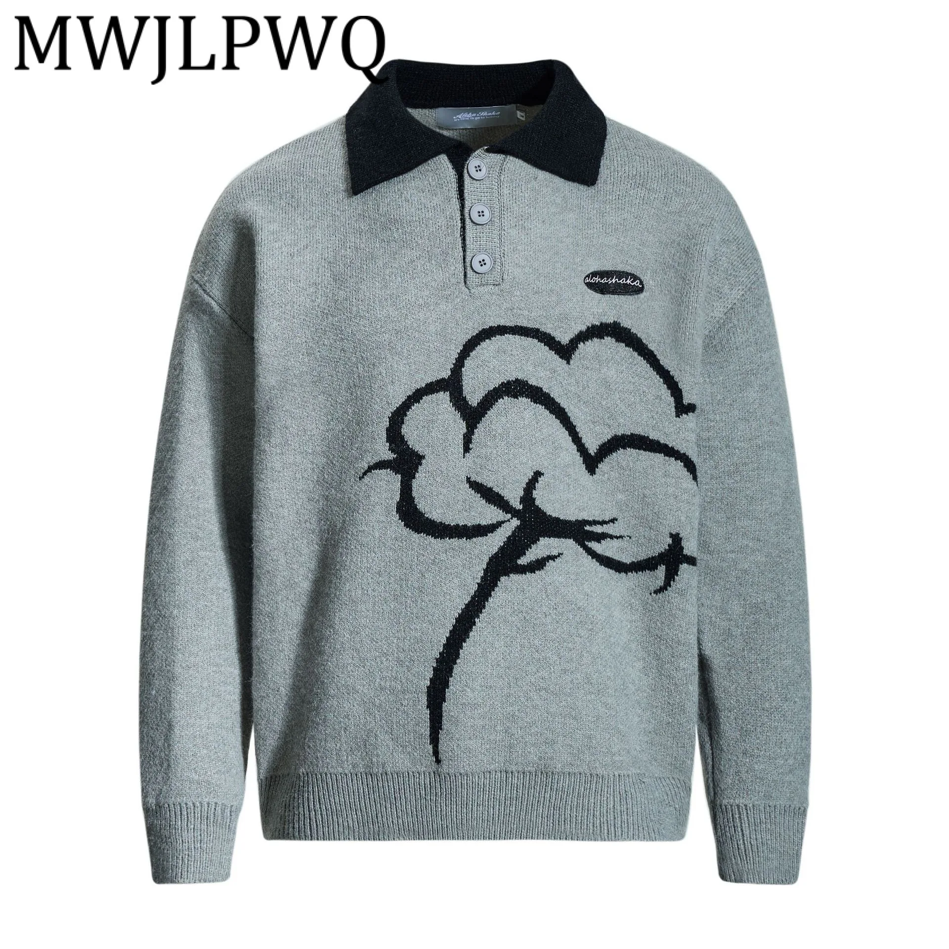 

MWJLPWQ 2025, новый зимний свитер с цветными блоками, мужской пуловер в американском стиле с отложным воротником и принтом, повседневные топы, шикарные 21534