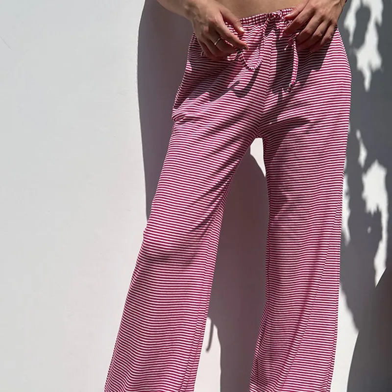 American Street Fashion Striped Straight Leg Women's New Product, Contrasting Color Lace Up Loose Sports Casual Pants For Women