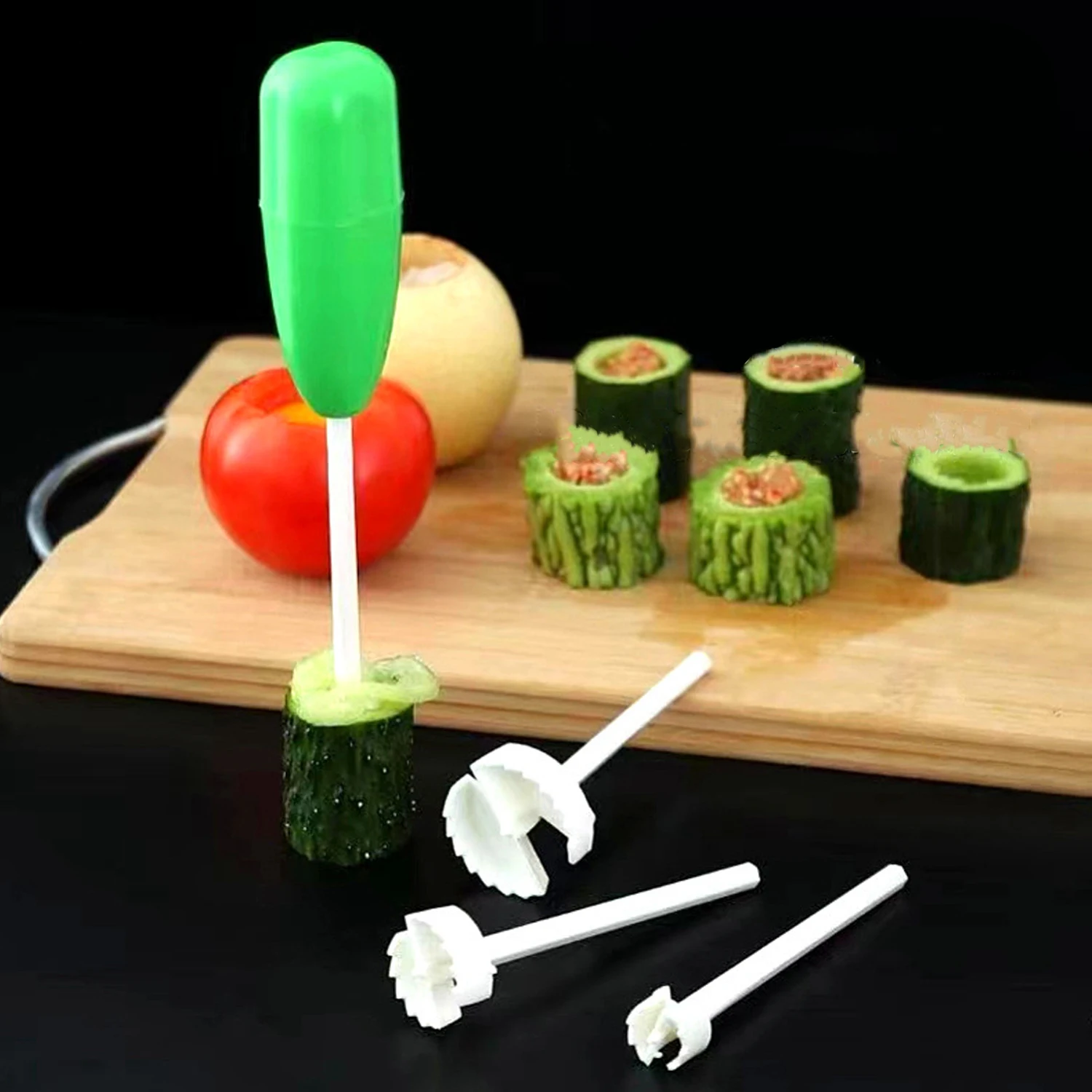 4 In 1 Fruit Vegetable Corer Spiral Digging Vege Drill Veggie Corkscrew Carver with 4Pcs Replaceable Head Spiralizer Cutter Tool