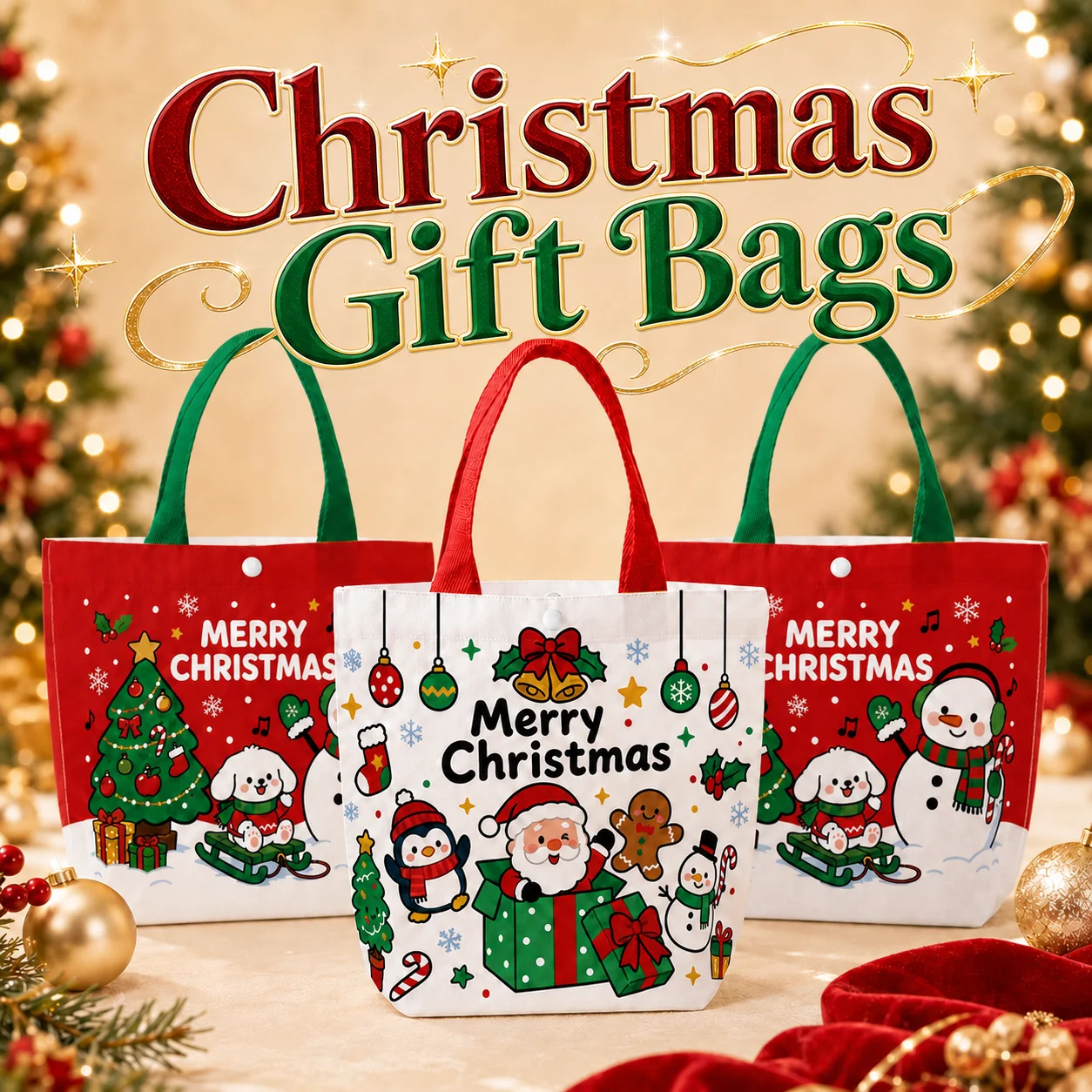 Christmas Tote Bag  Cotton Canvas Shopping Bag Reusable Shopping Bag Lovely For Daily Shopping Holiday Gift Wrapping