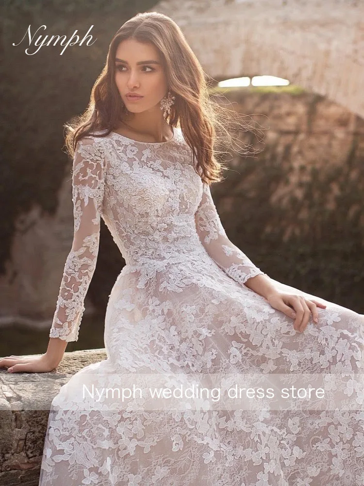 Vestido De novia clásico De corte en A, cuello redondo, manga larga, Apliques De encaje, vestido De novia elegante, vestido De novia personalizado