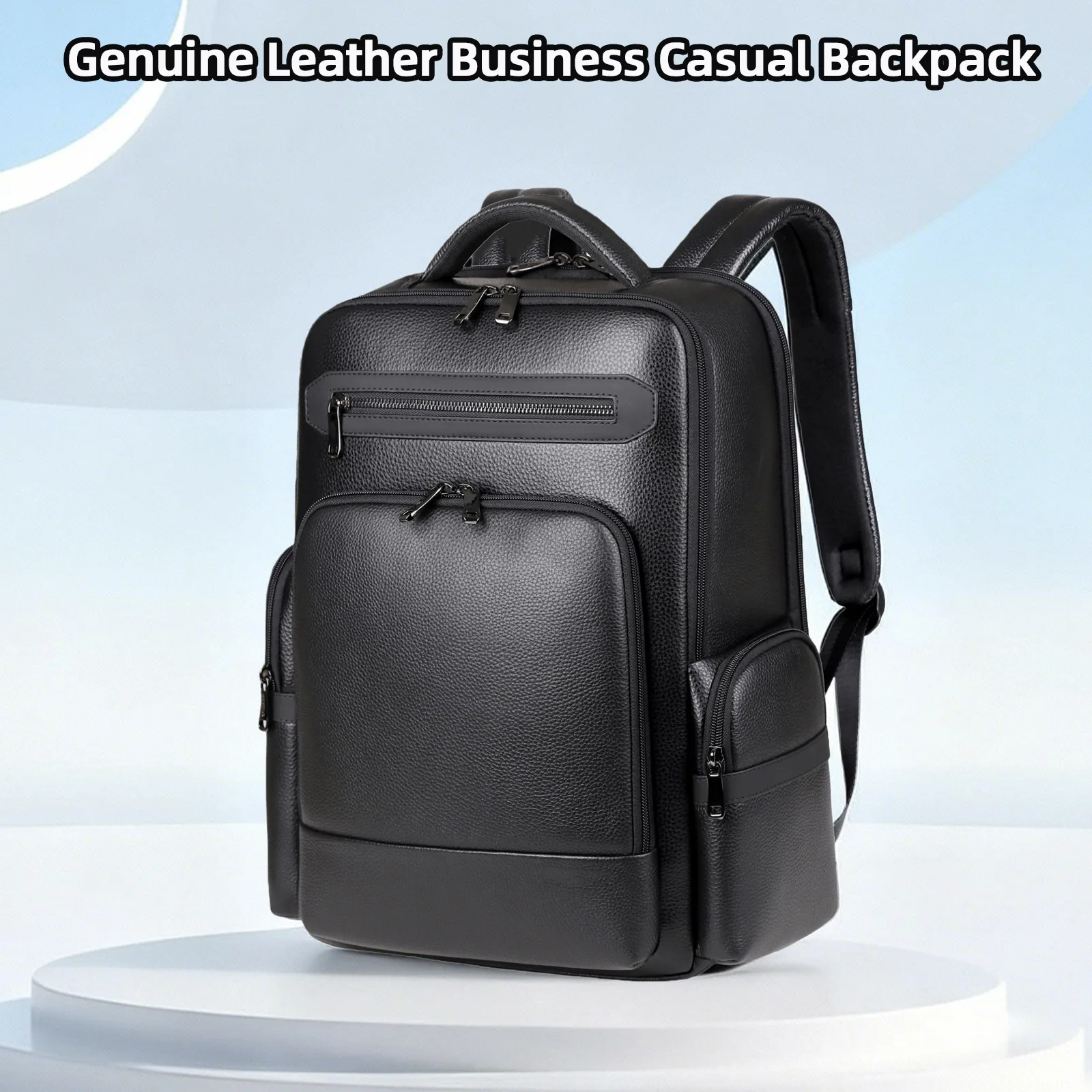 Genuine Leather Backpack for Men Business Black 15.6” Laptop with USB Charging Port Office Executive Mochila for Work Travel