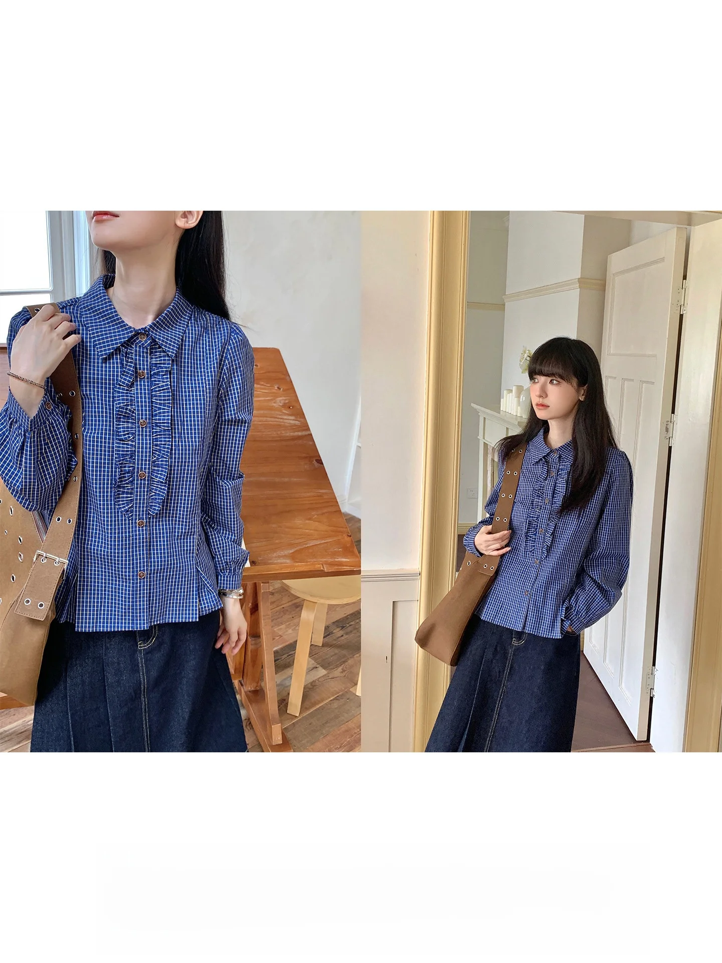 

Blue Casual Plaid Long Sve Diamond Bubble Girl irt Wooden Collar Loose Fit Breathable Cotton irt for Women