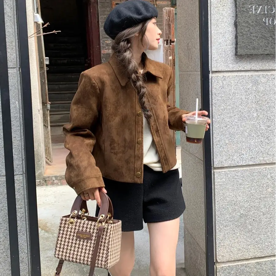 

Women's Suede Jacket Short Spring Autumn New Thin Style Vintage Loose Small Size Polo Collar Long Sleeve Casual Outerwear