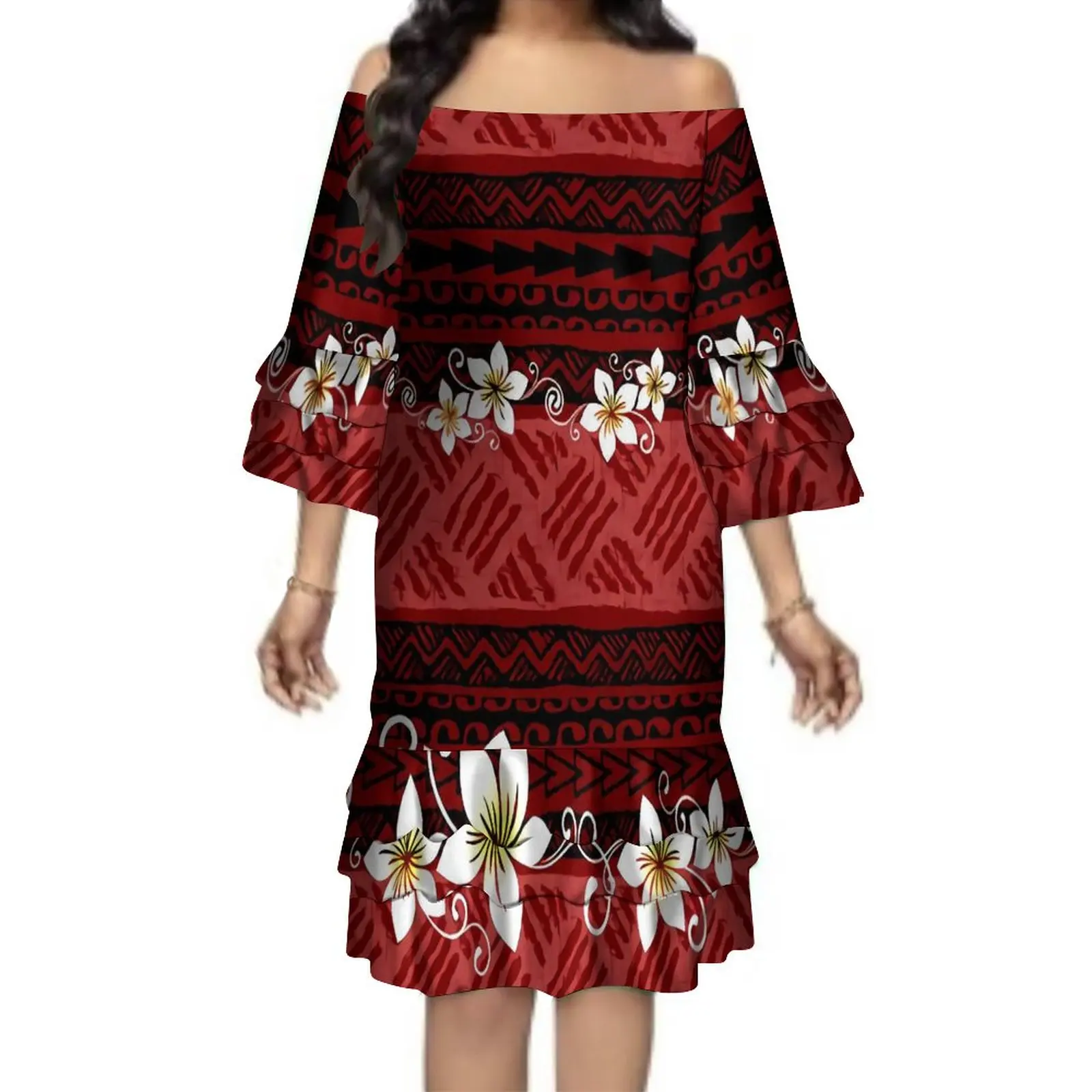 

Support Design Women'S Half-Sleeved Off-The-Shoulder Dress Polynesian Tribe Design Large Size 8xl Multi-Layer Dress