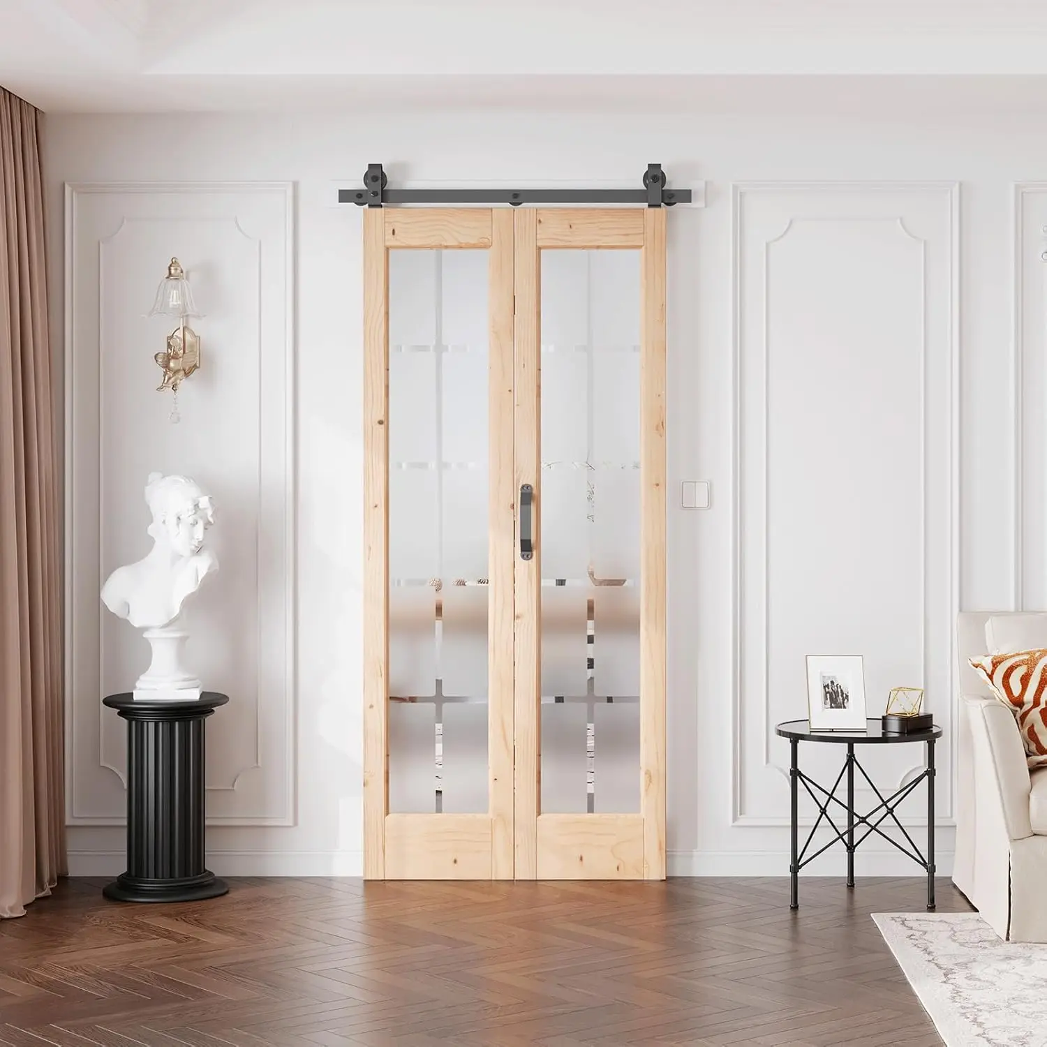 with Bi-fold Door Hardware Kit, Frosted Glass Cross Transparent, Pre-Drilled Holes, Wood Door Slat, Fit 36in Opening