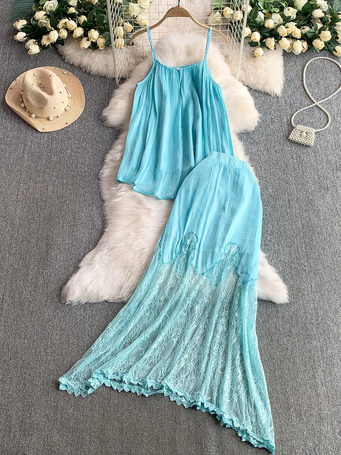 Blaues Spitzenbesatz-Top und hoch taillierter, schlankmachender langer Rock-Set, sexy Splice-Design, Urlaubsfaion, zweiteiliger Damenanzug