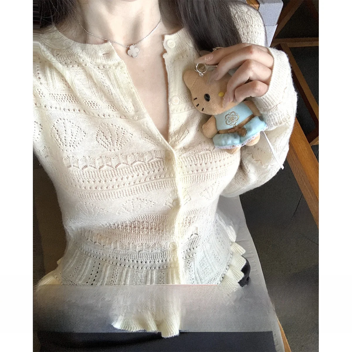 

Легкий вязаный кардиган из 100% шерсти с цветочным узором для девочек-подростков, ранняя весна, милый, с длинными рукавами, круглый вырез