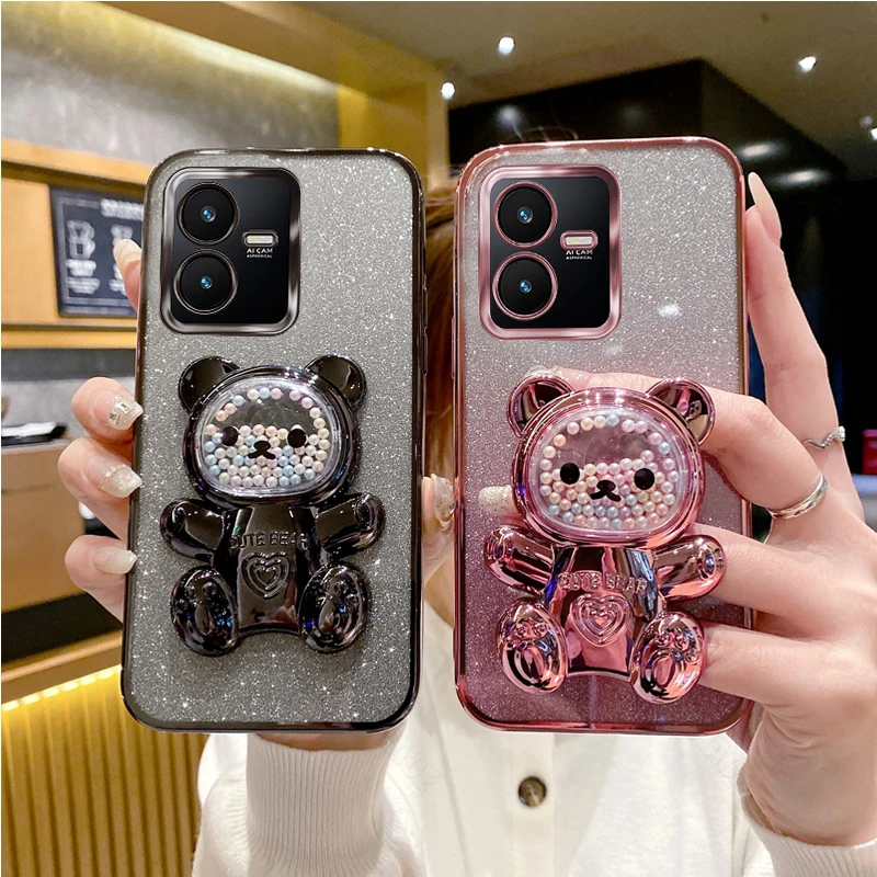 Y 22 Glitter Bling Bear Silicone Phone Holder Case On For Vivo Y22 Y22S VivoVY22s Girl Woman Stand Back Cover