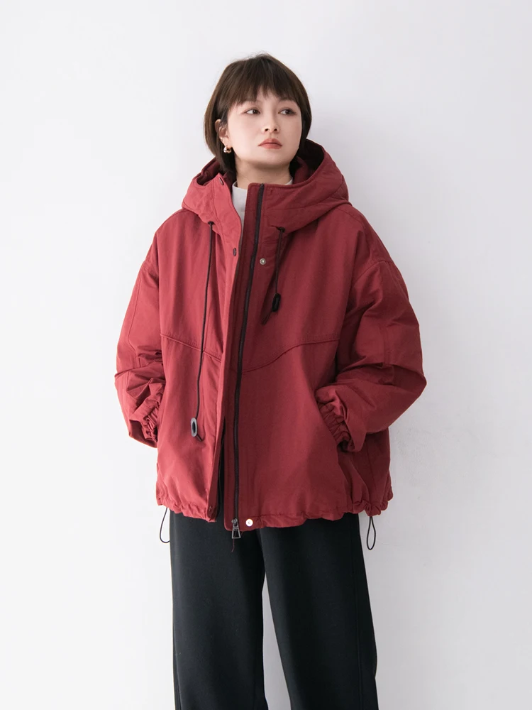 

Women's Long Sve Hooded Cotton Jaet Windproof Pleated Casual Loose Fit Color Versatile Cotton Coat Top