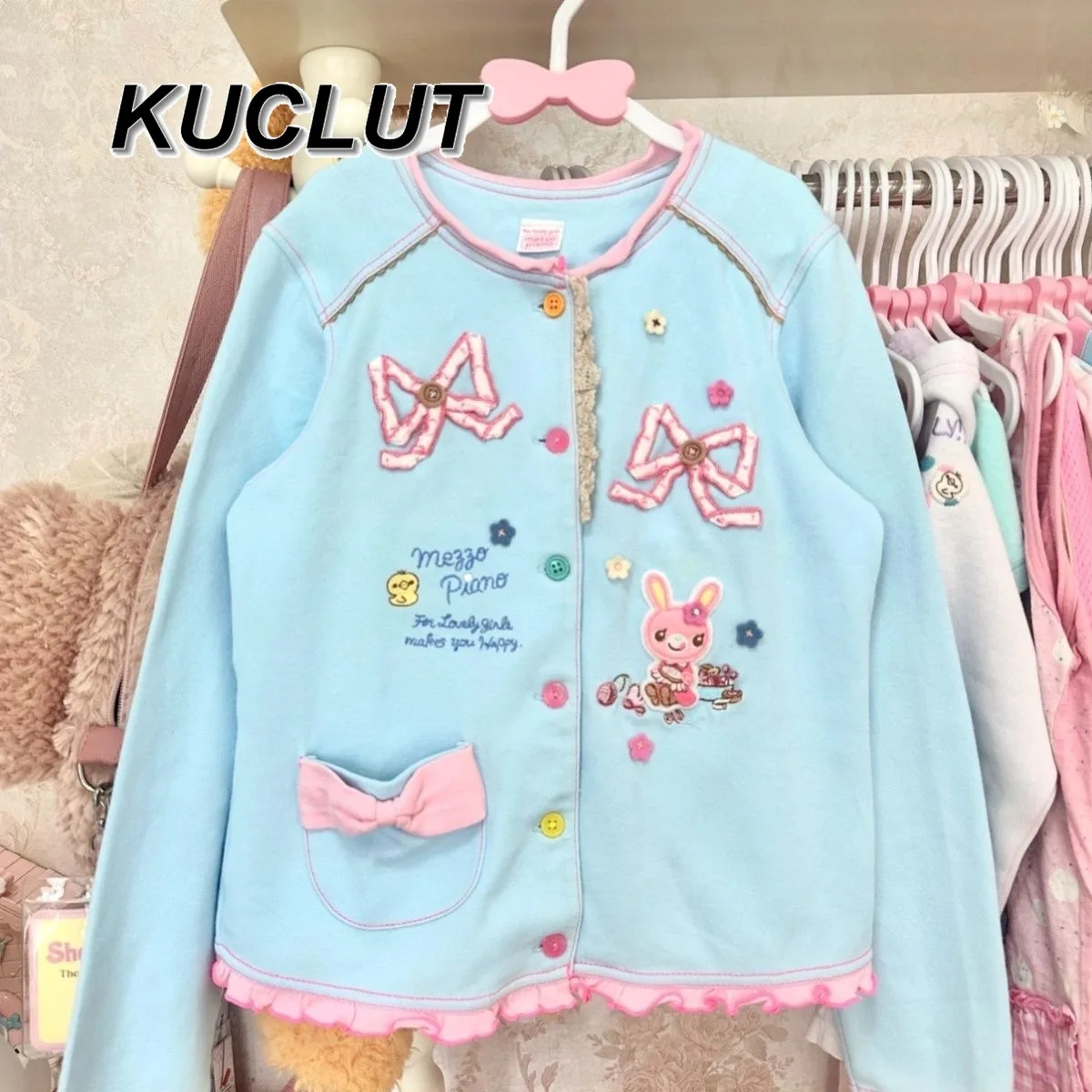 

Girl Hoodies Japanese Style Sweet Blue Bow Cartoon Casual Cardigan for Women New Fashion Cute Loose Sweatshirt Jacket