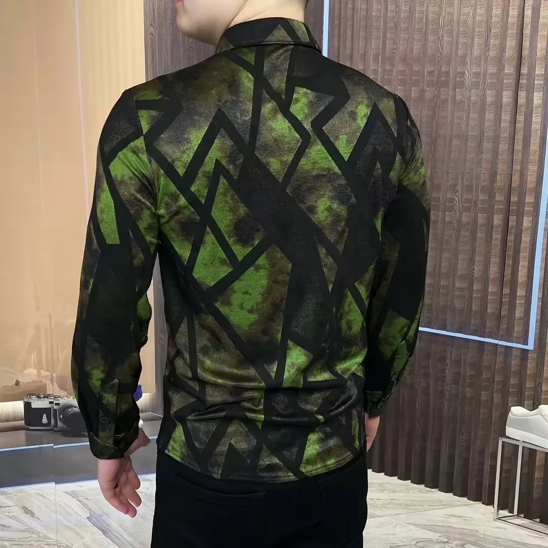 Luxury Printed Elastic Shirt for Men High Quality Casual Long Sleeved Shirt Fashion Versatile Business Social Men's Clothing