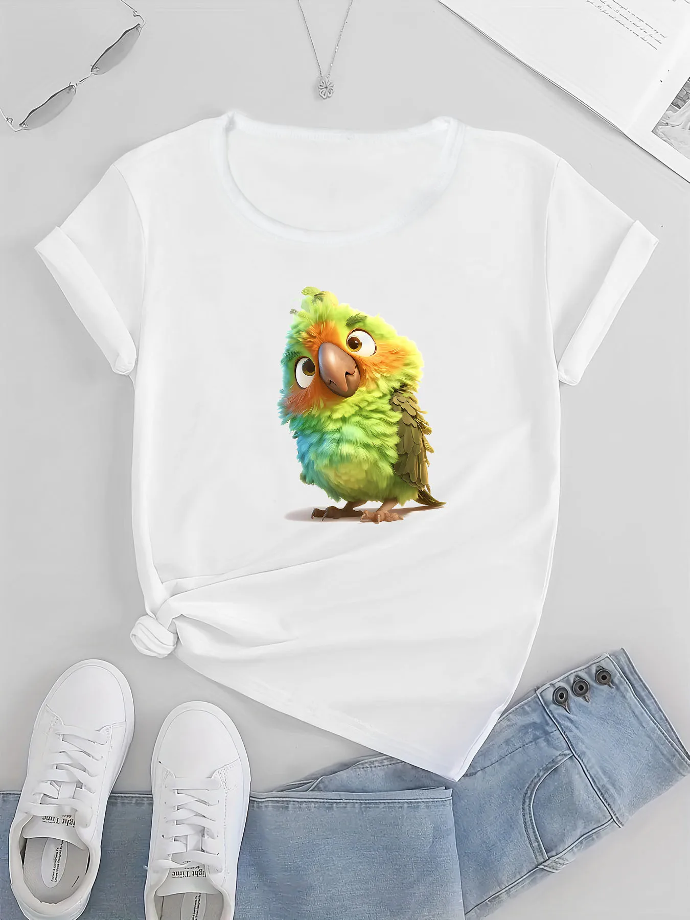 Women's Cute Parrot Print Round Neck T-shirt Casual Versatile Fashion Short Sleeve Crew Neck Cartoon Pattern Y2K Style Women Tee
