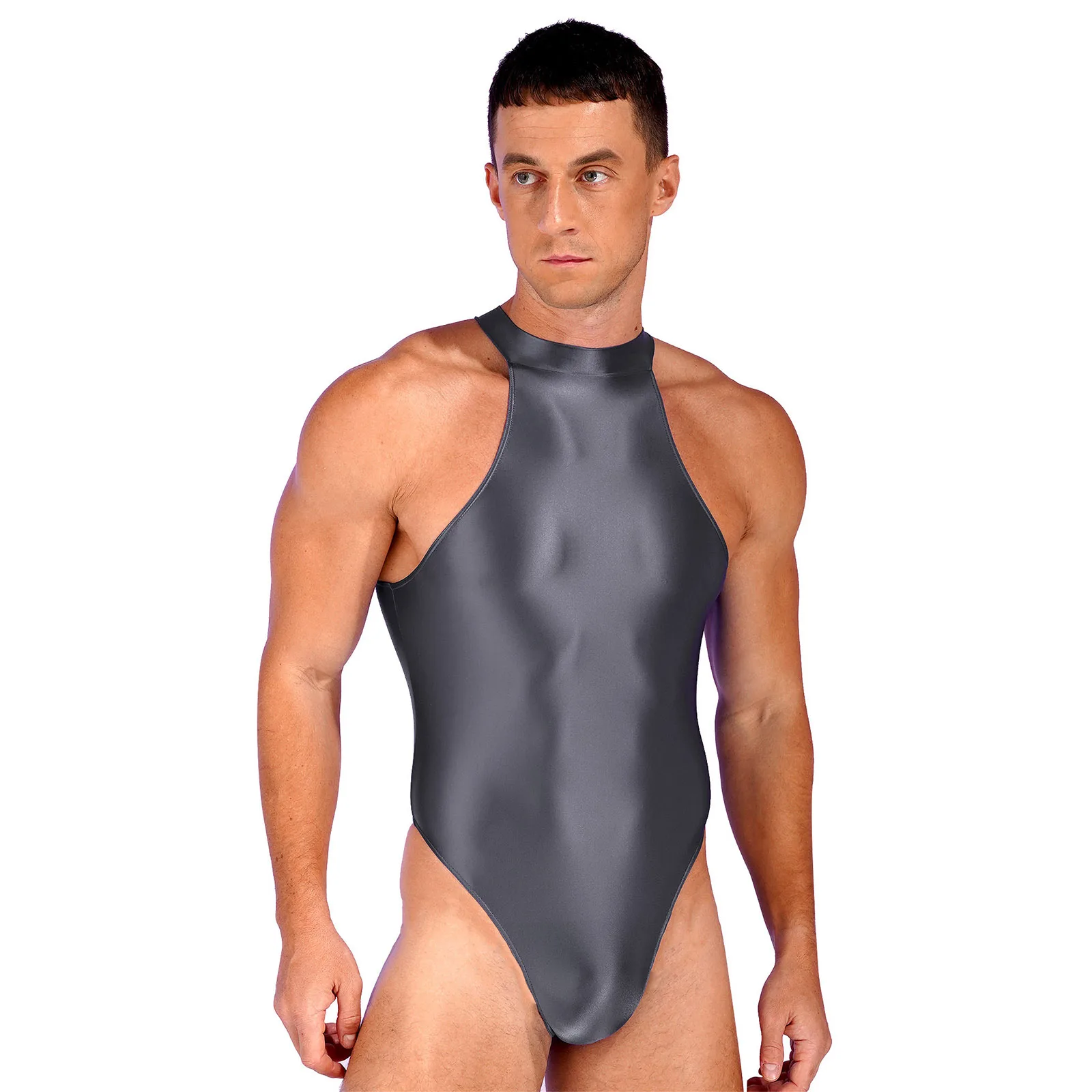 Mens Swimsuit Glossy Mock Neck Back Zipper Bodysuit Swimwear Solid Color Sleeveless Leotard for Gymnastics Training Swimming