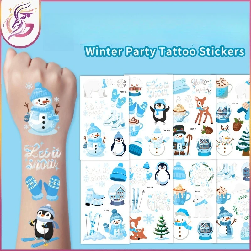 

Winter Party Tattoo Stickers 10Pcs Blue Series Penguin Snowman Christmas Tree Festive Temporary Body Art for Kids Holiday Party