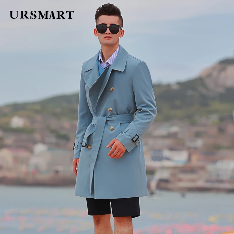 Men's Fashion Sky Blue Windbreaker - Double Lapel British Trend Trench Coat for Autumn and Winter Handsome and Thin