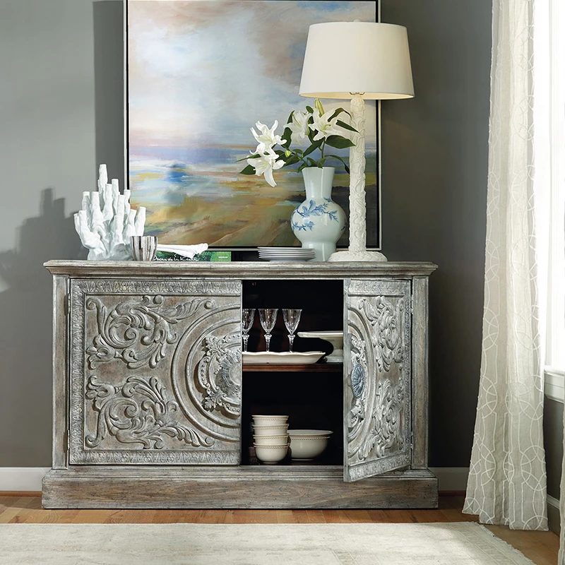 

American rural all-solid wood relief side cabinet antique weathered gray retro old entrance cabinet high-end customized wine